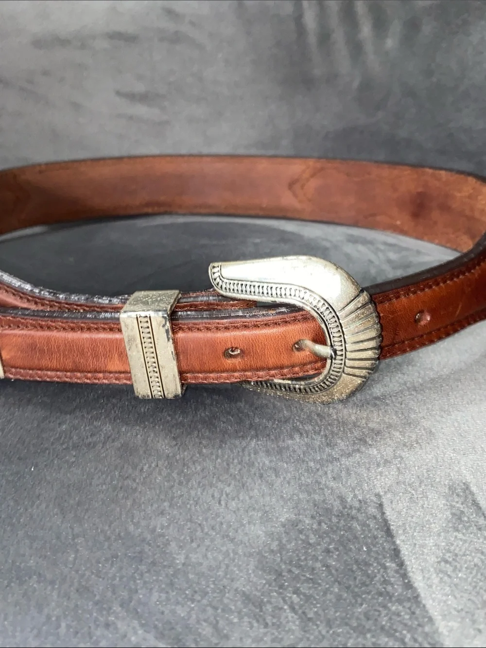 Vintage 1991 3D Belt Co Tooled Leather Western Ranger Belt Silver Hardware